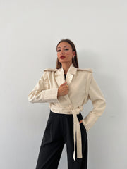 Removable sleeves cropped jacket with belt 3042