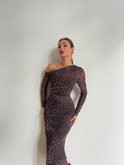 One shoulder full sleeved leopard tulle dress 3053