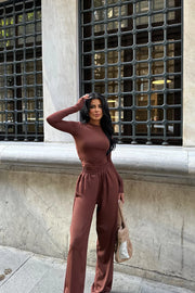 Brown full sleeved lycra set 3034