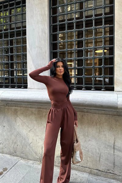 Brown full sleeved lycra set 3034
