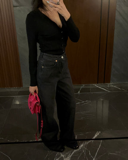 Black washed out wide leg jeans 4068
