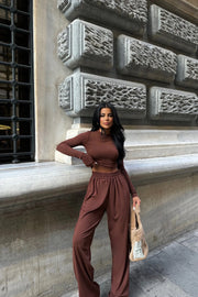Brown full sleeved lycra set 3034