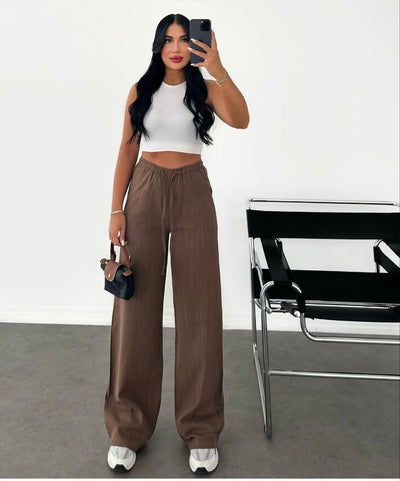 Full linen elastic waisted pants 4021