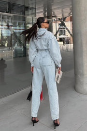 Full sleeved  baggy zippered denim jumpsuit