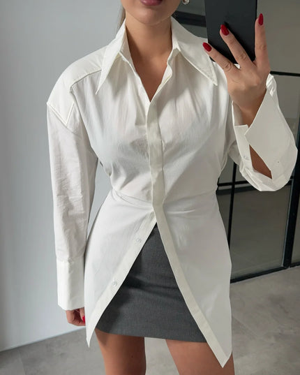 Shoulder padded waist detailed poplin shirt 4017