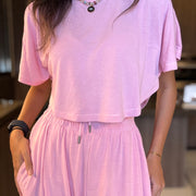 Pink High waisted sweatpants two pieces set 4022