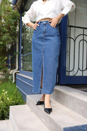 Midi slit denim skirt