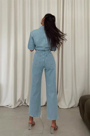 Straight leg buttoned denim jumpsuit