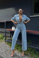 Straight leg buttoned denim jumpsuit