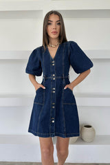 Mini half sleeved balloon denim dress