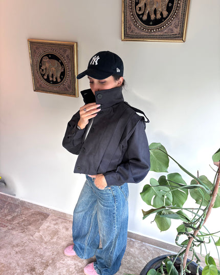 High neck detailed crop trench coat 4048