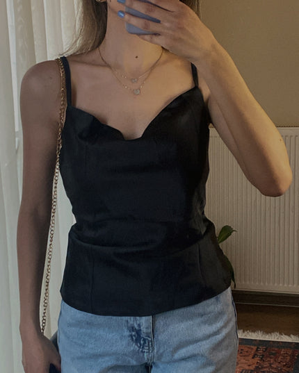 Double silk thin straps open neck top 3081