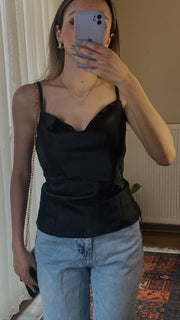 Double silk thin straps open neck top 3081