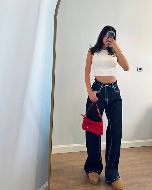 High waisted wide leg dark blue denim 4010