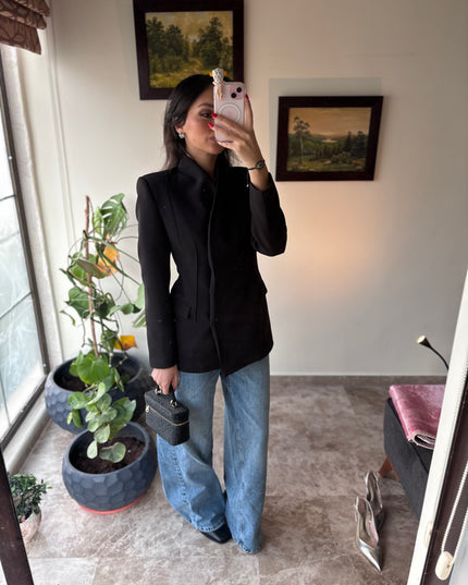 Full neck double breasted crepe blazer 4065