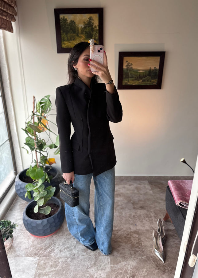 Full neck double breasted crepe blazer 4065