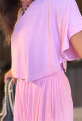 Pink High waisted sweatpants two pieces set 4022