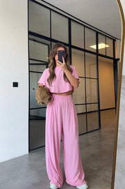 Pink High waisted sweatpants two pieces set 4022