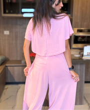 Pink High waisted sweatpants two pieces set 4022