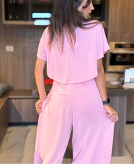 Pink High waisted sweatpants two pieces set 4022