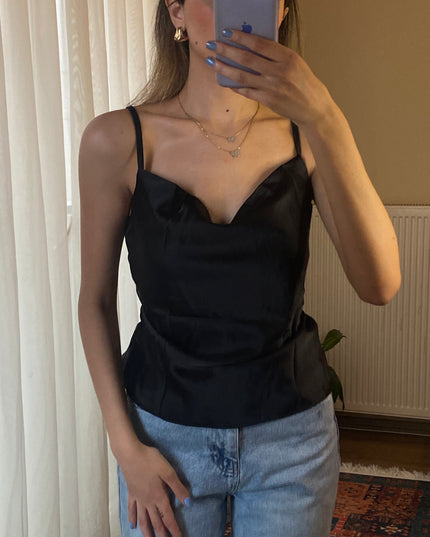 Double silk thin straps open neck top 3081