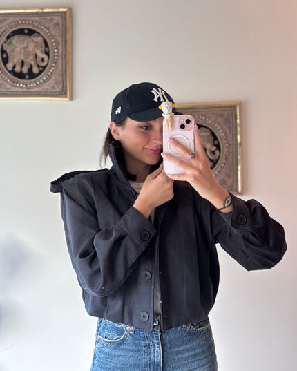 High neck detailed crop trench coat 4048