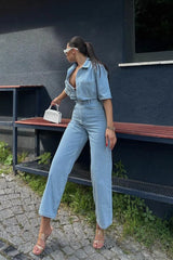 Straight leg buttoned denim jumpsuit