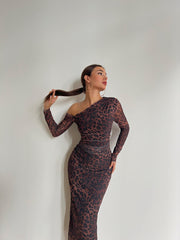 One shoulder full sleeved leopard tulle dress 3053