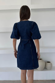 Mini half sleeved balloon denim dress