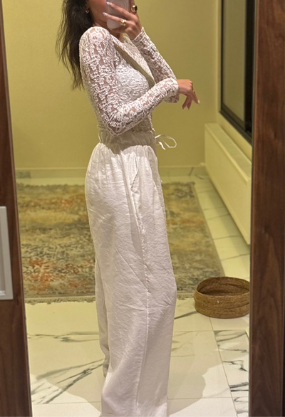 White wide legged soft fabric summer pants 4023