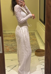 White wide legged soft fabric summer pants 4023