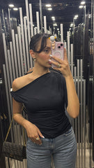 Gold chain shoulder detailed lycra top 4025