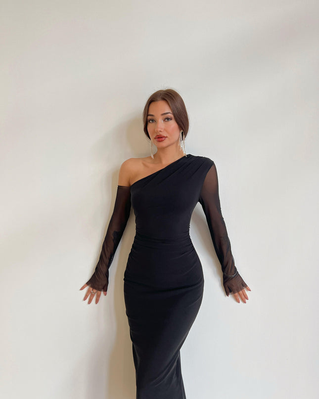 One shoulder full sleeved tulle dress 3051