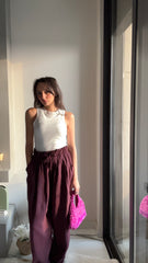 White wide legged soft fabric summer pants 4023