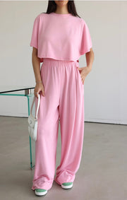Pink High waisted sweatpants two pieces set 4022