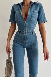 Pocketed half sleeved denim jumpsuit