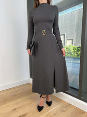 Half-Neck Long Sleeve Metal Belted Skirt Slit Dress 3070