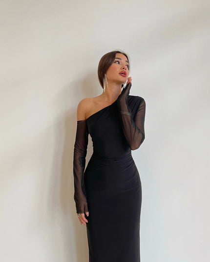 One shoulder full sleeved tulle dress 3051