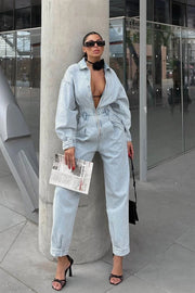 Full sleeved  baggy zippered denim jumpsuit