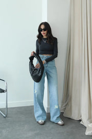 LIGHT BLUE Ripped DETAIL WIDE LEG JEANS 3080