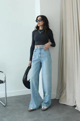 LIGHT BLUE Ripped DETAIL WIDE LEG JEANS 3080