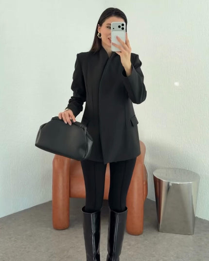 Full neck double breasted crepe blazer 4065