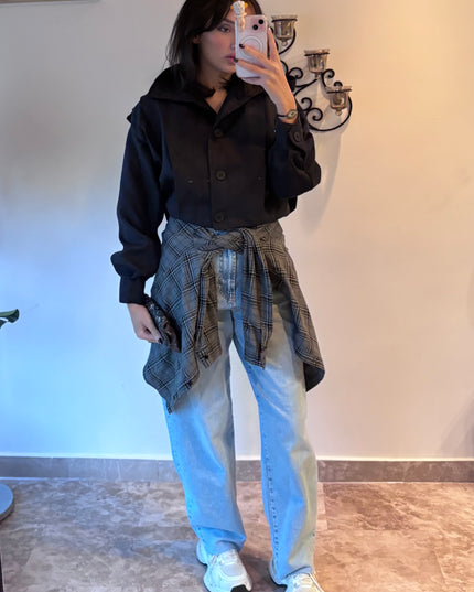 High neck detailed crop trench coat 4048