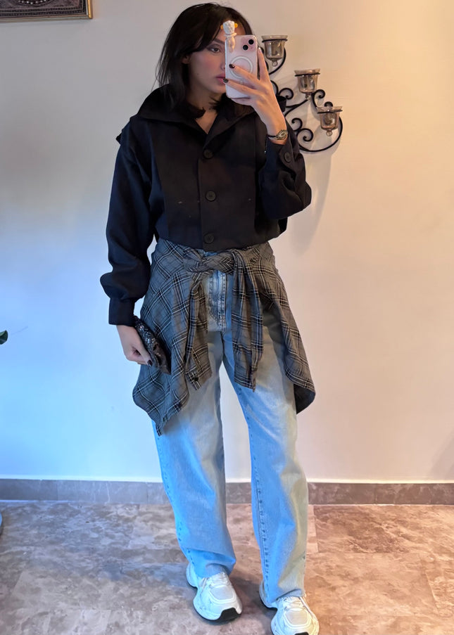 High neck detailed crop trench coat 4048