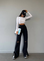 High waisted wide leg ripped jeans 3086