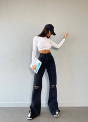 High waisted wide leg ripped jeans 3086