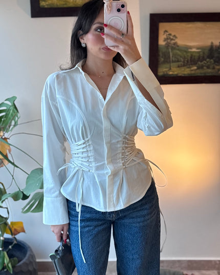 Waist detailed white poplin shirt 4066