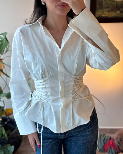 Waist detailed white poplin shirt 4066