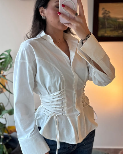 Waist detailed white poplin shirt 4066