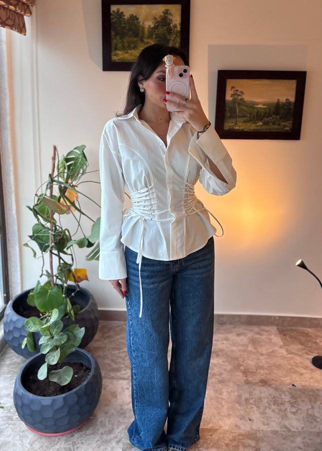 Waist detailed white poplin shirt 4066